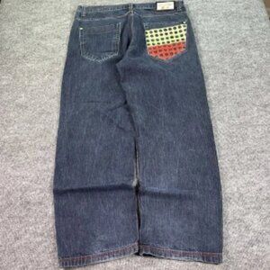 Vintage Miskeen Jeans Mens 38x32 Blue Baggy Embroidered Y2K Dark Wash Grunge